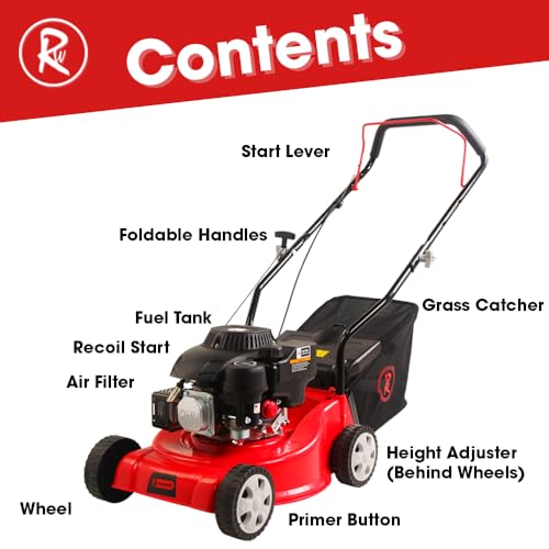RocwooD Red Petrol Lawnmower Push 16" 132cc 39cm Cutting Width, 132cc OHV Four-Stroke Engine Folding Handles & 35 Litre Grass Collector. Garden Power Tool Mowers - Image 5