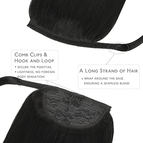 Image of WENNALIFE Ponytail Hair Extension, 22 Inch 90g Jet Black Ponytail Extension Human Hair Clip in Wrap Around Remy Human Hair Extension Hairpieces Real Human Hair