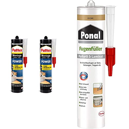 Pattex Montagekleber Power 740g, Baukleber mit starker Anfangshaftung, Kraftkleber für saugende Materialien, Weiß, 9H PXP37X & Ponal Parkett & Laminat Fugenfüller Eiche, 1x280ml Kartusche