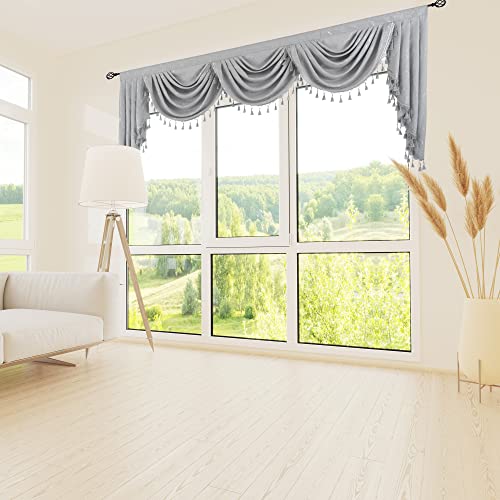 Jade Poke Jacquard Waterfall Valance - Rod Pocket Grey Tree Branch Valance With Fine Fringed Edge And Gold Beads For Living Room, Bathroom (1 Panel, Grey, W89) #TOP1