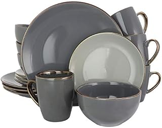Elama Round Stoneware Grand Collection Dinnerware Dish Set, 16 Piece, Assorted Solid Gray