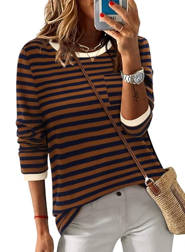 ONLYSHE Women's Casual Striped Long Sleeve Tops Crew Neck Knit Basic Loose Fit T Shirts Fall Fashion Tunic Outfits
