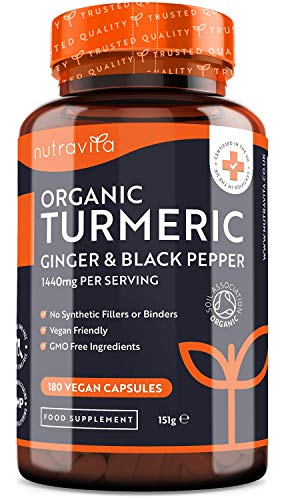 Cúrcuma Orgánica de 1440mg con Jengibre y Pimienta Negra - 180 Cápsulas Veganas Organica - Curcuma Bio en Cápsulas Alta Resistencia - Curcuma Ecologica en Polvo con Extracto de Curcumina - Nutravita