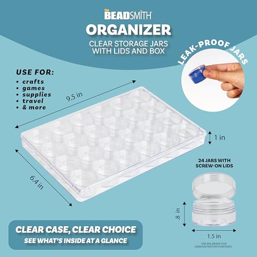Image of The Beadsmith Clear Organizer Box - 9.5 inch x 6.4 inch Storage Case with 24 Mini Jars (1.5 inch x 0.8 inch), Screw-Top Containers for Crafts, Spices, Pills, Screws, Jewelry, Office Supplies & More (Pack of 3)
