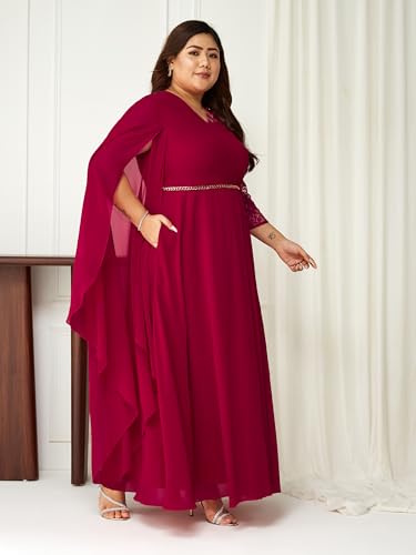 Image of Miss Chase A+ Women's Floral Printed Relaxed Fit V -Neck 3 /4Th Sleeve Georgette Maxi Dress