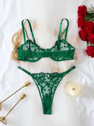 Image of Lilosy Sexy Underwire Cute Push Up Strappy Embroidered Mesh Sheer Lingerie Set See Through Panty Bra