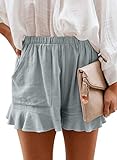 Paitluc Shorts for Women Casual Summer Elastic Waist Comfy Linen Shorts with Pockets Blue M
