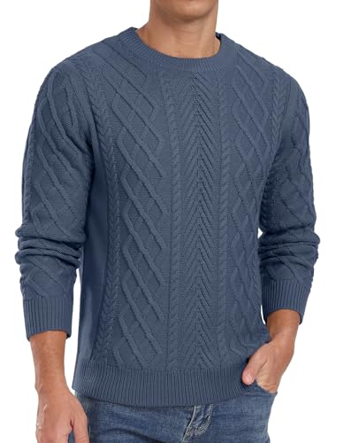 QIXING Jersey para hombre con patrón de trenza, cuello redondo, manga larga, jersey de punto grueso, patrón de pescador, estructurado, suave, tejido, jersey informal, L