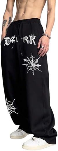 LUXENBOURG Cotton Joggers with Dark and Spider Net Print | Elastic Waist Track Pants | Casual Streetwear | Black Baggy Pan...