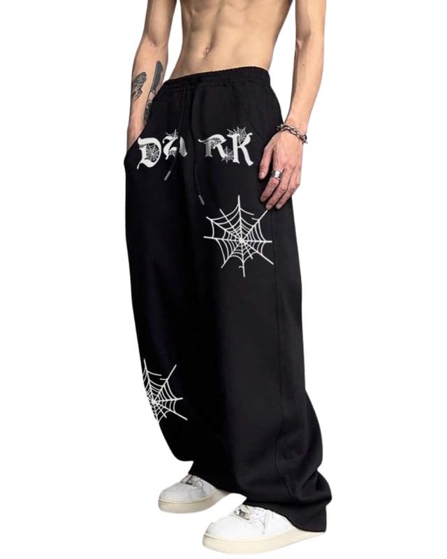 luxenbourg Cotton Joggers with Dark and Spider Net Print | Elastic Waist Track Pants | Casual Streetwear | Black Baggy Pants | Sweatpants for Gym Running and Lounge-picture-38