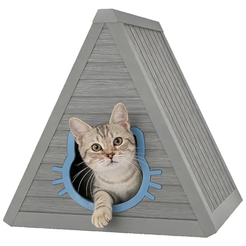 GULAIMOAO Outdoor Cat House Weatherproof, Resin Triangular Cat Houses for Outdoor Cats, Feral Outdoor Cat Shelter with Dual Cat-Shaped Doors, Easy to Assemble & Clean, Grey Cover