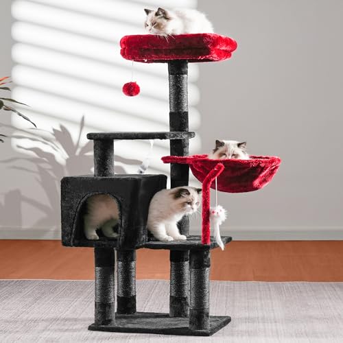 Image of Heybly Cat Tree with Toy, 43.3 inch Cat Tower for Indoor Cats HCT004SBR | Cat Condo with Durable Sisal Scratching Posts, Cat House with Padded Plush Perch, Cozy Hammock, Black and Red