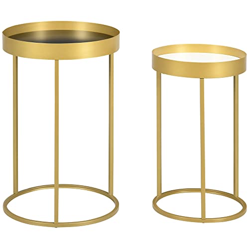 HOMCOM Coffee Tables Set of 2, Round Nest of Tables with Tray Top and Steel Frame for Living Room, Bedroom, Gold Tone