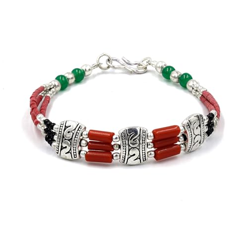 Bracelet ethnique en corail et onyx noir argenté, un bijou boho chic raffiné