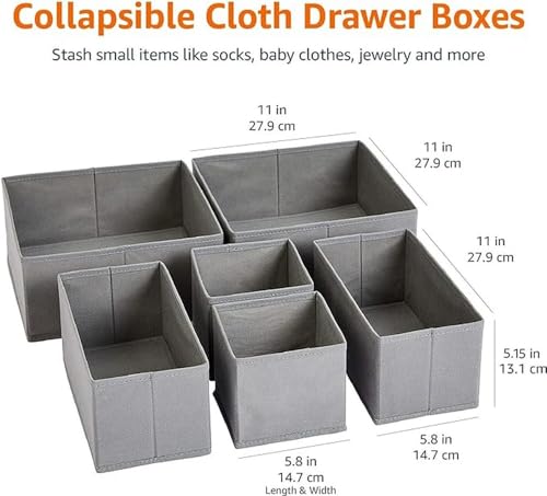 Amazon Basics Collapsible Cloth Drawer Organizer Boxes for Socks, Underwear and Baby Clothes, Storage Bins, Gray, Set of 6 by Amazon Basics - Image 2
