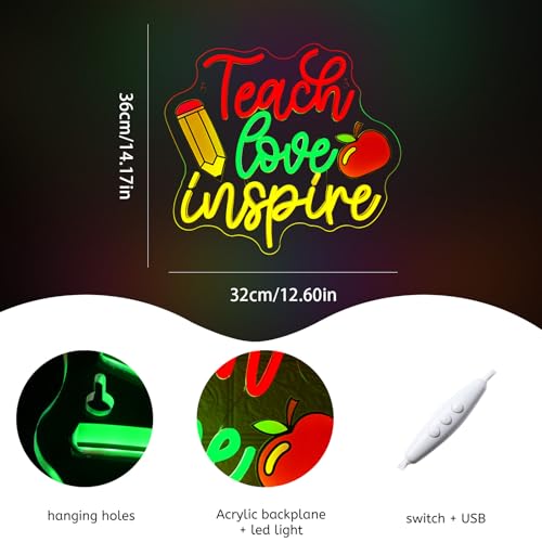 Image of WLHOPE Teach Love Inspire Neon Sign Led Signs for Classroom Wall Decor Neon Lights Acrylic Board Sign for Study Room Bedroom Teacher'S Day Gift Decoration