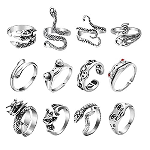 JNFOSEG 12 Pcs Silver Plated Frog Rings Set, Cute Animal Open Rings Pack, Vintage Goth Hippie Matching Rings, Snake Rings for Couples, Gift for Women Men Girls