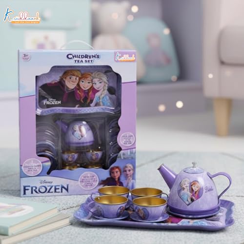 Image of Disney Frozen Elsa & Anna 14-Piece Tin Plate Tea Set for Girls - Fun Pretend Play Tea Party Toy - Durable, Lightweight & Safe Role Play Kit for Kids, Learning Toy -Birthday Gift For Ages 3+