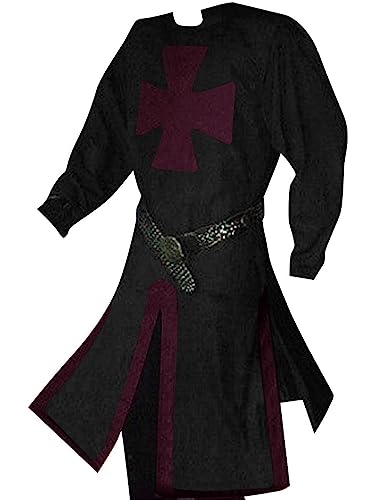 Enjoybuy Mens Medieval Crusader Knights Templar Tunic Costumes Renaissance Halloween Surcoat Warrior Black Plague Cloak Cosplay Top, L-crimson, Medium