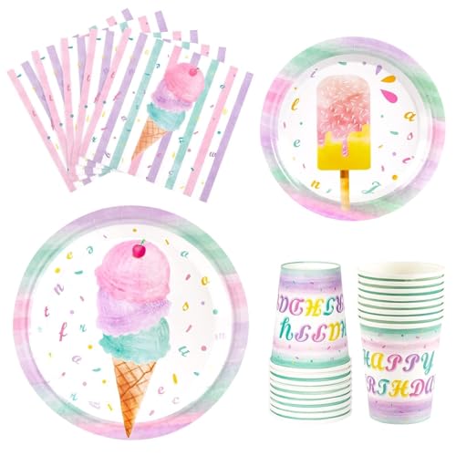 WERNNSAI Crème Glacée Assiettes Serviettes et Coupes - 64 PCS Crème Glacée Thème Articles de Fête pour Les Filles Anniversaire Vaisselle Dessert Assiettes Déjeuner 16 Personnes