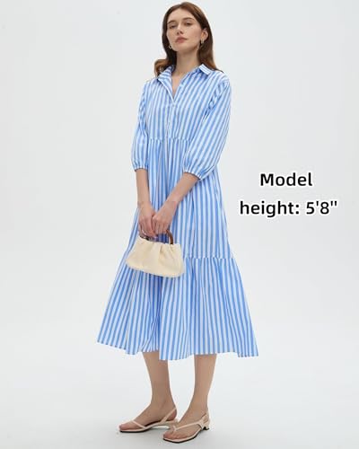 Image of EZAPINE Womens Babydoll Striped Shirt Midi Dress Puff Long Sleeve Collared Button Tunic Flowy Swing Dresses
