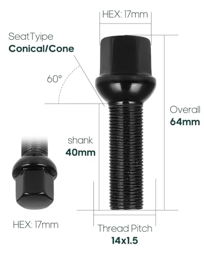 Image of SCITOO 20Pcs 14x1.5 Extended Lug Bolts Shank 40mm Overall 64mm Ball Seat | Wheel Lug Studs Fit for A1 A3 A4 A6 A7 A8 Q2 Q3 Q5 Q7 R8 RS3 RS4 RS5 RS6 RS7 S3 S4 S5 S6 S7 S8 SQ5 TT