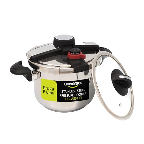 Universal (6.3 Qt/6 Liter) Silver Express Pressure Cooker + Extra Glass Lid, (15 PSI/100 kPa) with Easy Opening System, Ultra Safe Stainless Steel Pressure Cooker