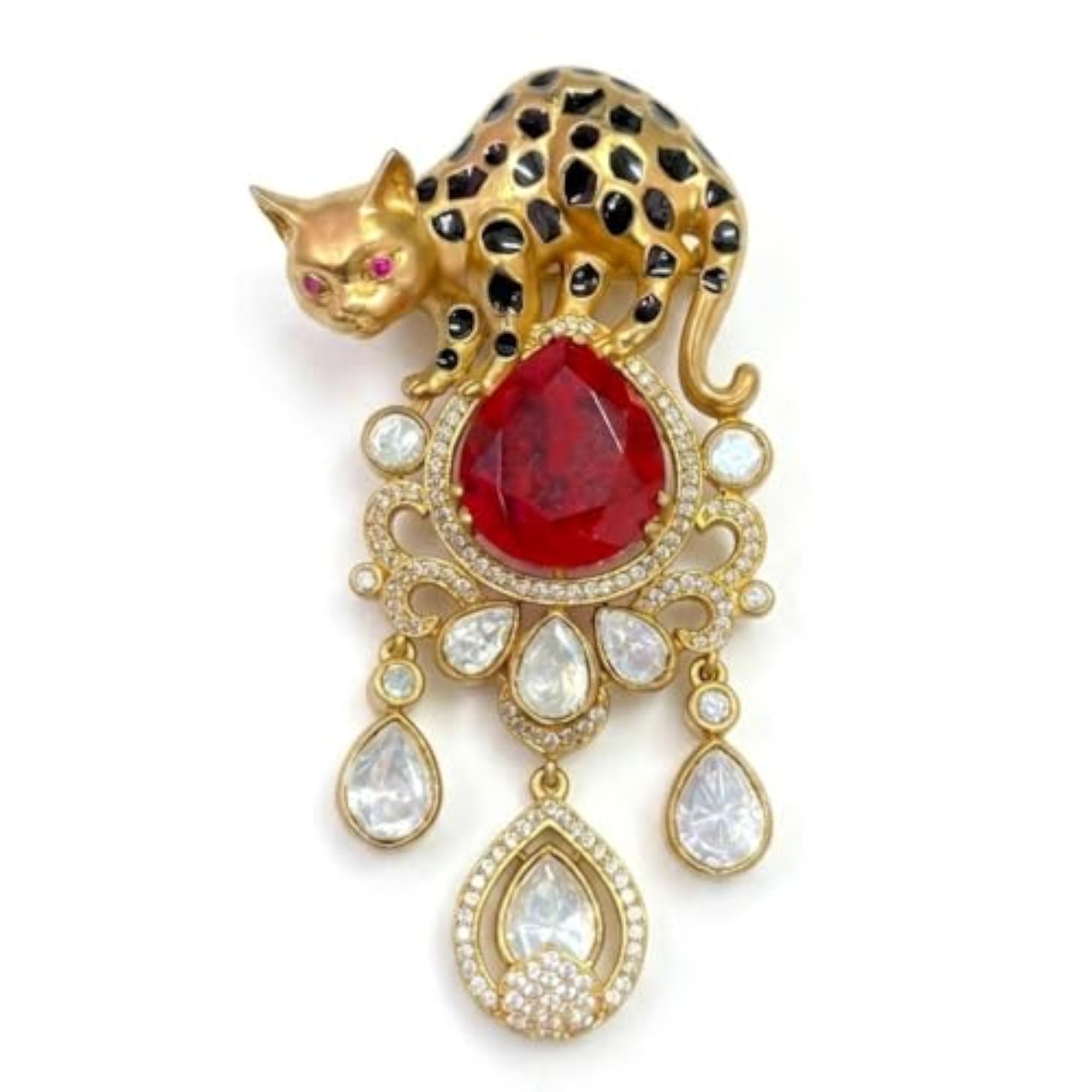 Designer Gold Plating Cat Shape Red Stone Brooch, Unisex