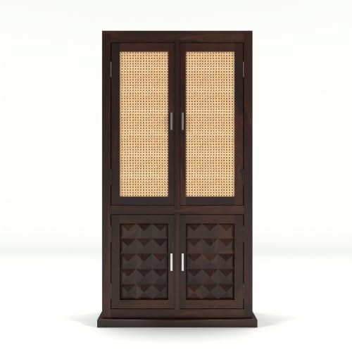 Image of Solid Sheesham Wood Almirah with Cane Doors & Geometric Carved Panels | 4 Door Wooden Wardrobe for Bedroom