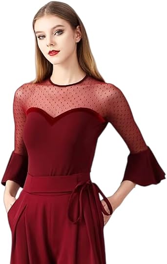 Trumpet Sleeves Standard Ballroom Top for Ladies Polka Dot Mesh Tango Dancewear Modern Dance Performance Costume