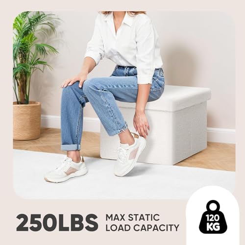 PINPLUS Storage Ottoman Cube Ottoman Foot Rest,Small Foldable Portable Boucle Upholstered Sherpa Ottomans, Faux Teddy Fur, White 16.5\"x12.6\"x12.6\"
