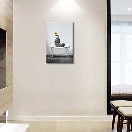Black and White Canvas Wall Art Funny Animal for Bathroom Kitchen Bedroom Elephant with Yellow Sunflower in Bathtub Giclee Print Picture Painting Stretched on Canvas Framed Artwork 12x18inch - Image 4