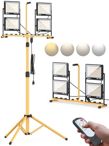 Szwbee 32000 Lumen LED Work Light with Stand & Remote, 4-Head 280W Portable Tripod Light with 16.5FT Cord, 3000K–6000K Adjustable, Waterproof Light for Indoor & Outdoor Job Site Workshop Construction
