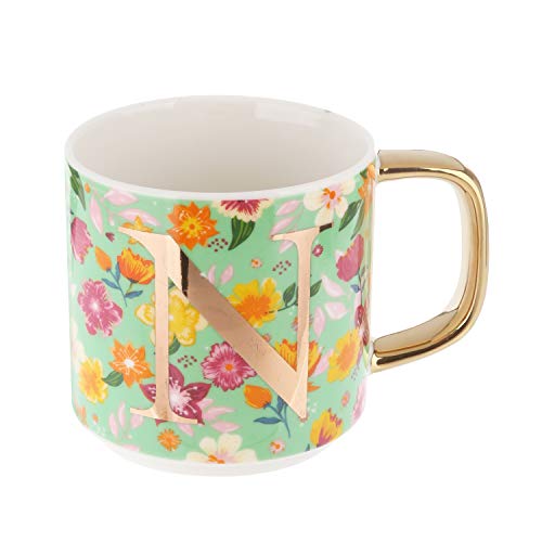 KASANOVA Mug fleurs avec lettre N dans New Bone China, 350 ml