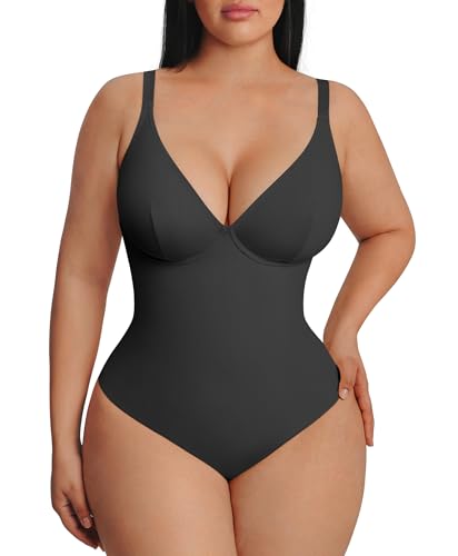 FeelinGirl Shapewear Bodysuits for Women Tummy Control Black Thong Body Suits Corset Top Deep V Neck Body Shaper, Black, Medium