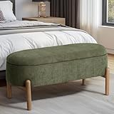 Storage Bench Ottoman, Upholstered Corduroy Storage Bench for Bedroom End of Bed, Modern Aesthetic Furniture, Large Oval Ottoman Bench for Foot of Bed, Living Room, Entryway, Under Window (Green)