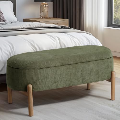 Storage Bench Ottoman, Upholstered Corduroy Storage Bench for Bedroom End of Bed, Modern Aesthetic Furniture, Large Oval Ottoman Bench for Foot of Bed, Living Room, Entryway, Under Window (Green)