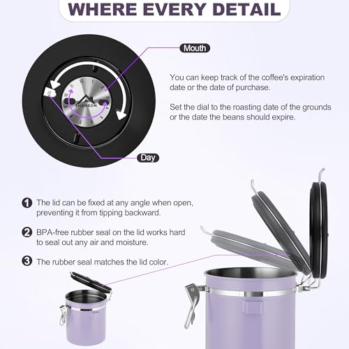 ShanSon Coffee Canister Airtight, Stainless Steel Bean Storage Container with Date Tracker & Scoop, Grounds Sugar Flour Tea Cereal Fits Kitchen Pantry, Ideal Gift for Coffee Lovers,22oz, Purple by ShanSon - Image 5