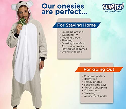 Funziez! Adult Onesie Halloween Costume - Animal Dinosaur Shark - Unisex Plush One Piece Cosplay Suit for Adults, Men and Women (X-Large, Koala)