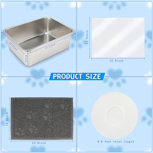 YUEPET 1 Set Stainless Steel Cat Litter Box with High Sides, Durable Metal Cat Litter Basin Pan Easy to Clean Cat Litter Tray for Odor Control with Cat Litter Scoops Cat Litter Mats 17.5\"x13.6\"x6\"