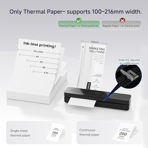 Image of HPRT Portable Thermal Printer-Inkless Printer, Supports Thermal Paper&Labels, Multi-User Bluetooth, Compatible with iOS /Android /Laptop for Home /School /Travel,MT610 Black-203dpi&200Sheets&Case Kit