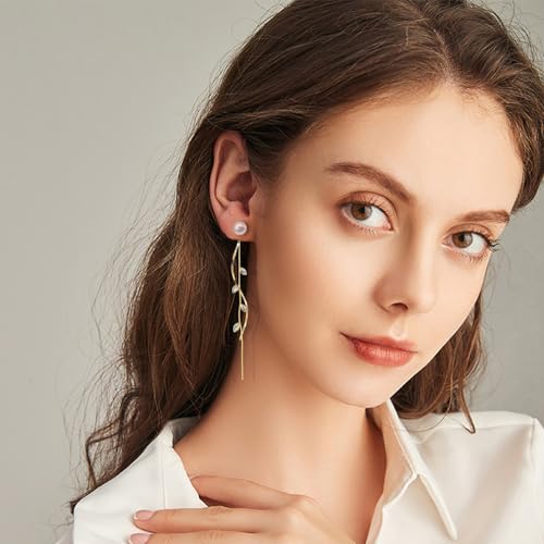 Pearl Dangle Earrings Zirconia Rhinestone Dangling Earrings for Women Pearl Wedding Bridal Earring for Brides Bridesmaids, Leaf Brides Earring Prom Party Jewelry Gifts4