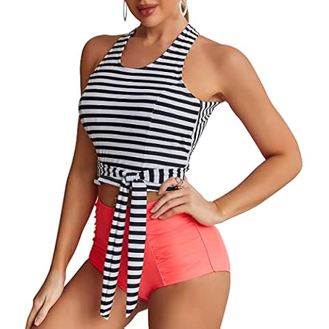 Dixperfect Women's High Waisted Tummy Control Two Pieces Swimwear Bathing Suit Full Bust Bikini Stripe Orange-M Cover