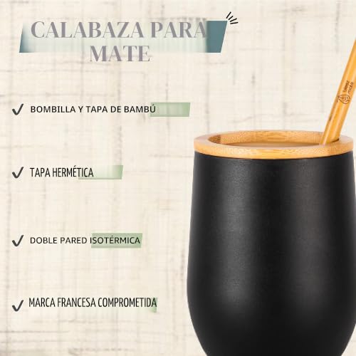 Miniatura 2 de Pack Calebasse Mate Bombilla Bambú Taza Mate De 350 Ml 2 Bombillas Kit De Mantenimiento Bolsillo Taza Doble Pared Isotérmica De Acero Con Tapa De Madera Natural, Juego De Té Yerba Mate
