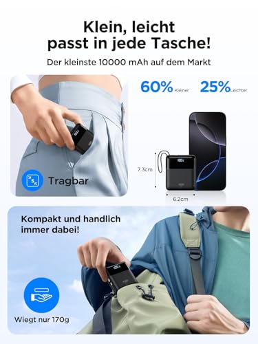Aioneus Mini PowerBank, 10000mAh Power Bank mit Integriertem USB-C & Lightning Kabel, Minigröße Externer Akku 22.5W USB-C In&Out, Klein Aber Stark für iPhone 17 16 15 14 13 12 11 Samsung Xiaomi iPad