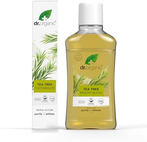 Dr Organic Tea Tree Toothpaste 100ml & Mouthwash 500ml - Alcohol Free, Natural, Bad Breath & Healthy Gums, Paraben & SLS Free, Vegan