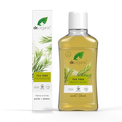 Dr Organic Dentífrico de Árbol de Té 100ml & Enjuague Bucal 500ml - Sin Alcohol, Natural, Mal Aliento & Encías Saludables, Sin Parabenos & SLS, Vegano