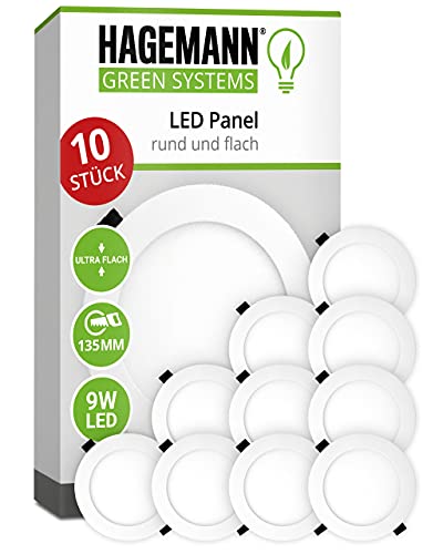 HAGEMANN® 10 x LED Panel redondo 9 W 810 lm - Ø 135 mm agujero de perforación - 230 V Focos LED planos Cover