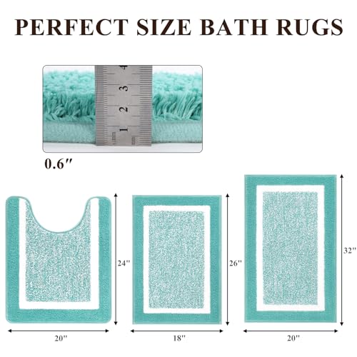 Pauwer 3-Piece Bathroom Shower Rug Set with U-Shaped Contour Toilet Mat, Absorbent Microfiber Plush Bath Mats, Non-Slip, Machine Washable Shaggy Bathroom Floor Mats, Teal