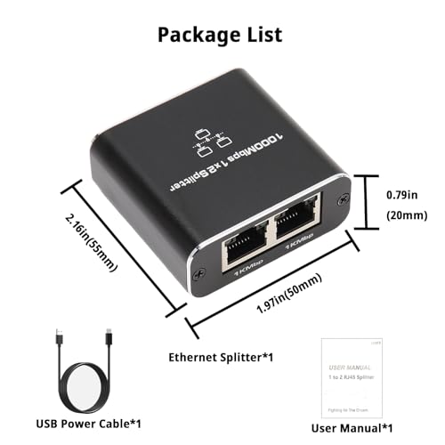 Image of Pushua Gigabit Ethernet Splitter 1 to 2 High Speed, 1000Mbps Internet Splitter 1 in 2 Out, LAN with USB Power Cable, RJ45 for Cat5 /5e /6 /7 /8 Cable(2 Devices Simultaneously Networking)